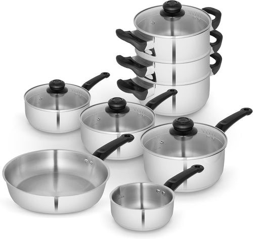 8Pcs Stainless Steel Cookware Set with Saucepans, Frying Pan & Steamer