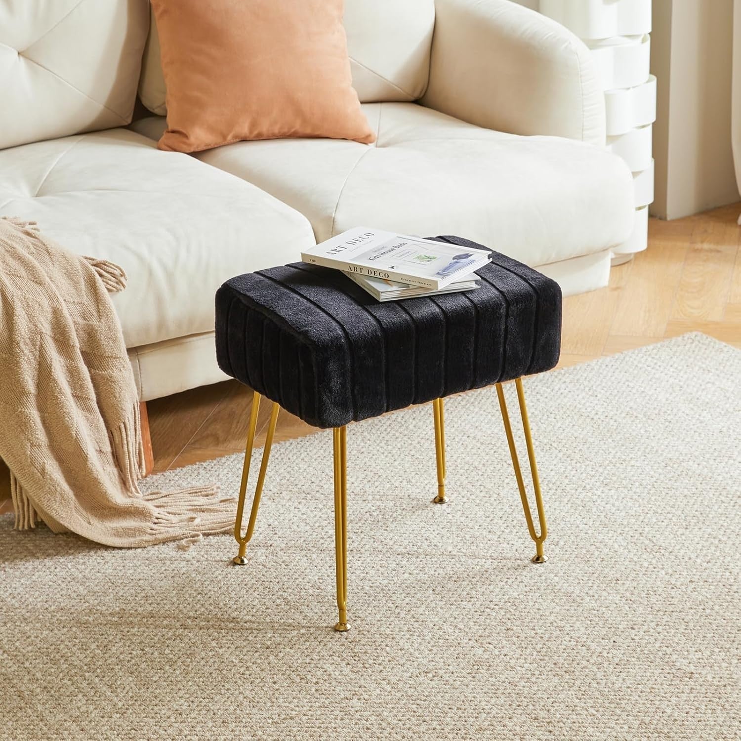 Black Velvet Rectangular Footrest Stool – Modern Vanity Seat with Metal Legs