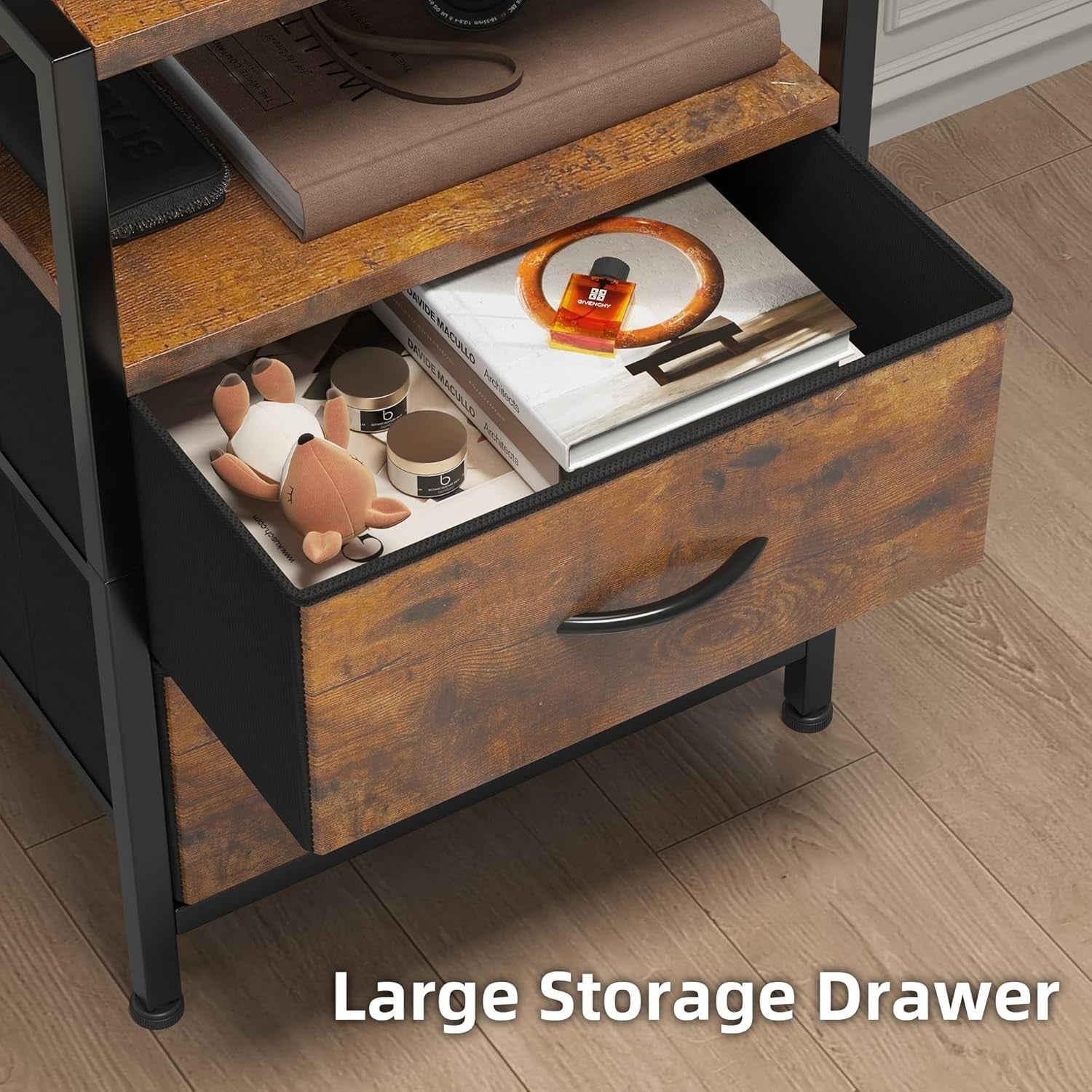 Rustic Brown Bedside Table with Charging Station & LED Light, 2 Drawers Modern