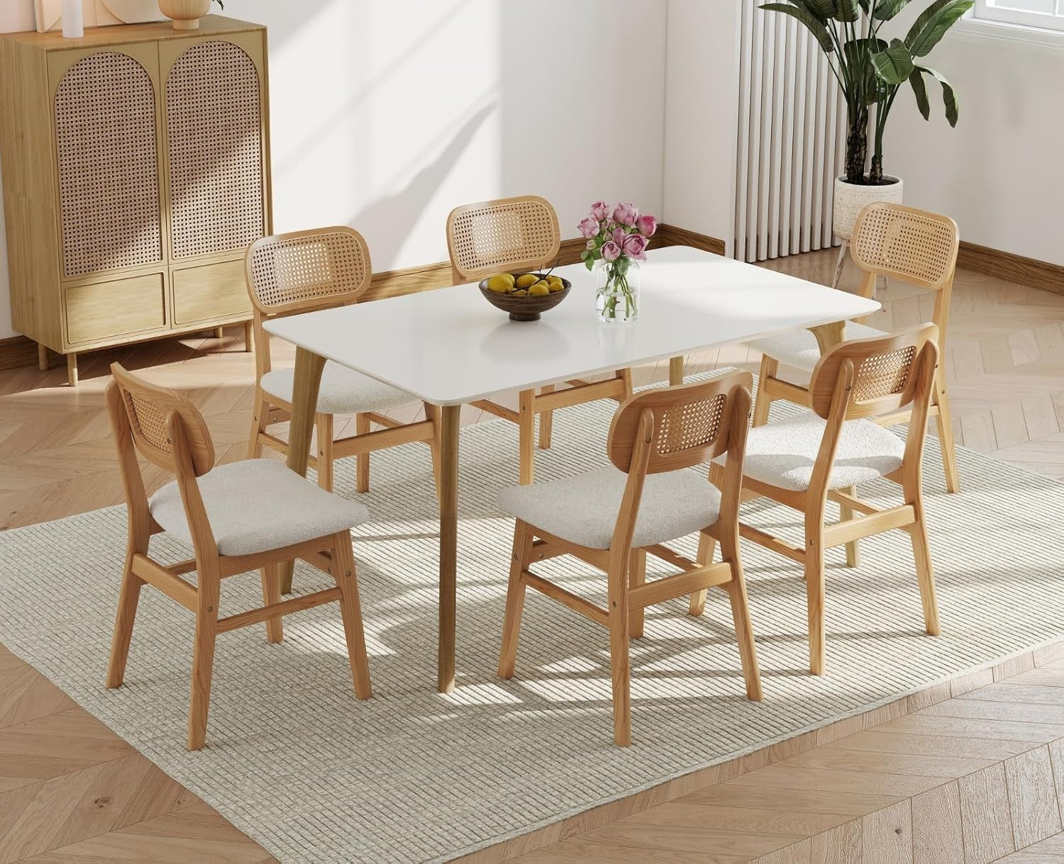 Beige Rattan Dining Chairs Set of 4 Padded Upholstered Wooden Kitchen Seats