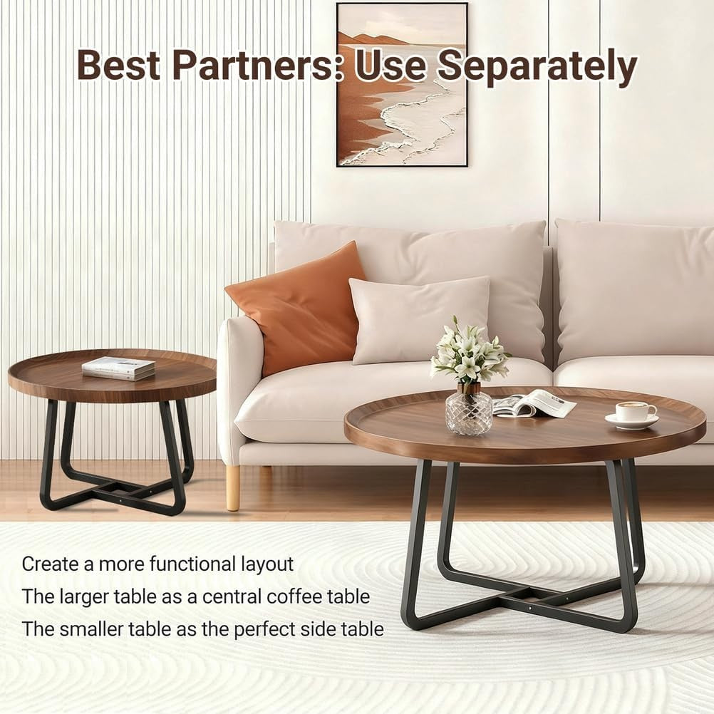 Walnut Nesting Coffee Tables Set of 2 Round Side Table Living Room Storage
