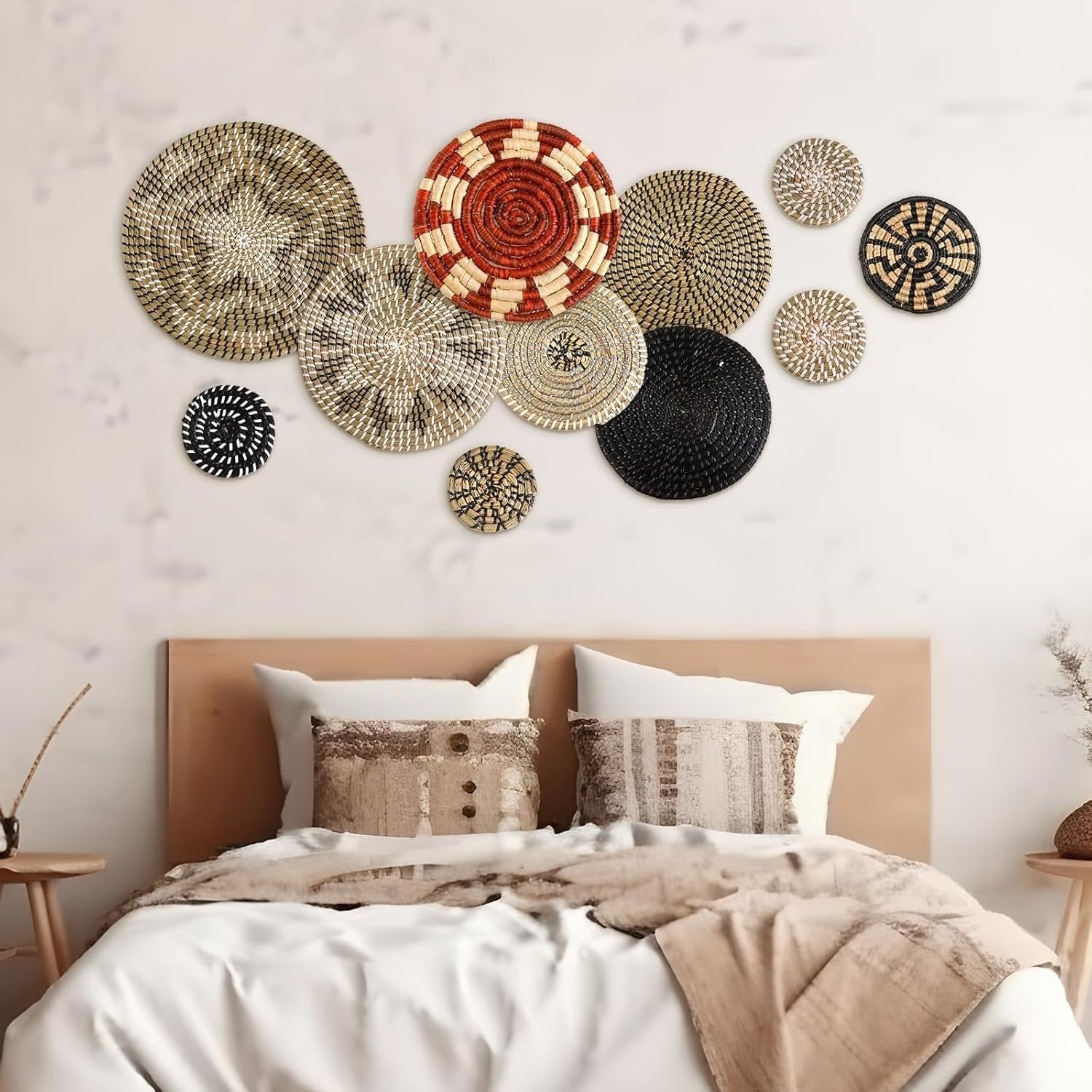 11PCS Boho Woven Wall Baskets Bulrush Farmhouse Decor Clr Dark
