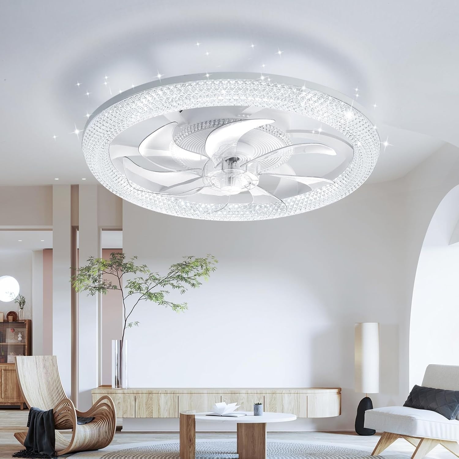 48CM LED Ceiling Fan Light, 6 Speeds, 3 Colors, Stepless Dimming, App & Remote
