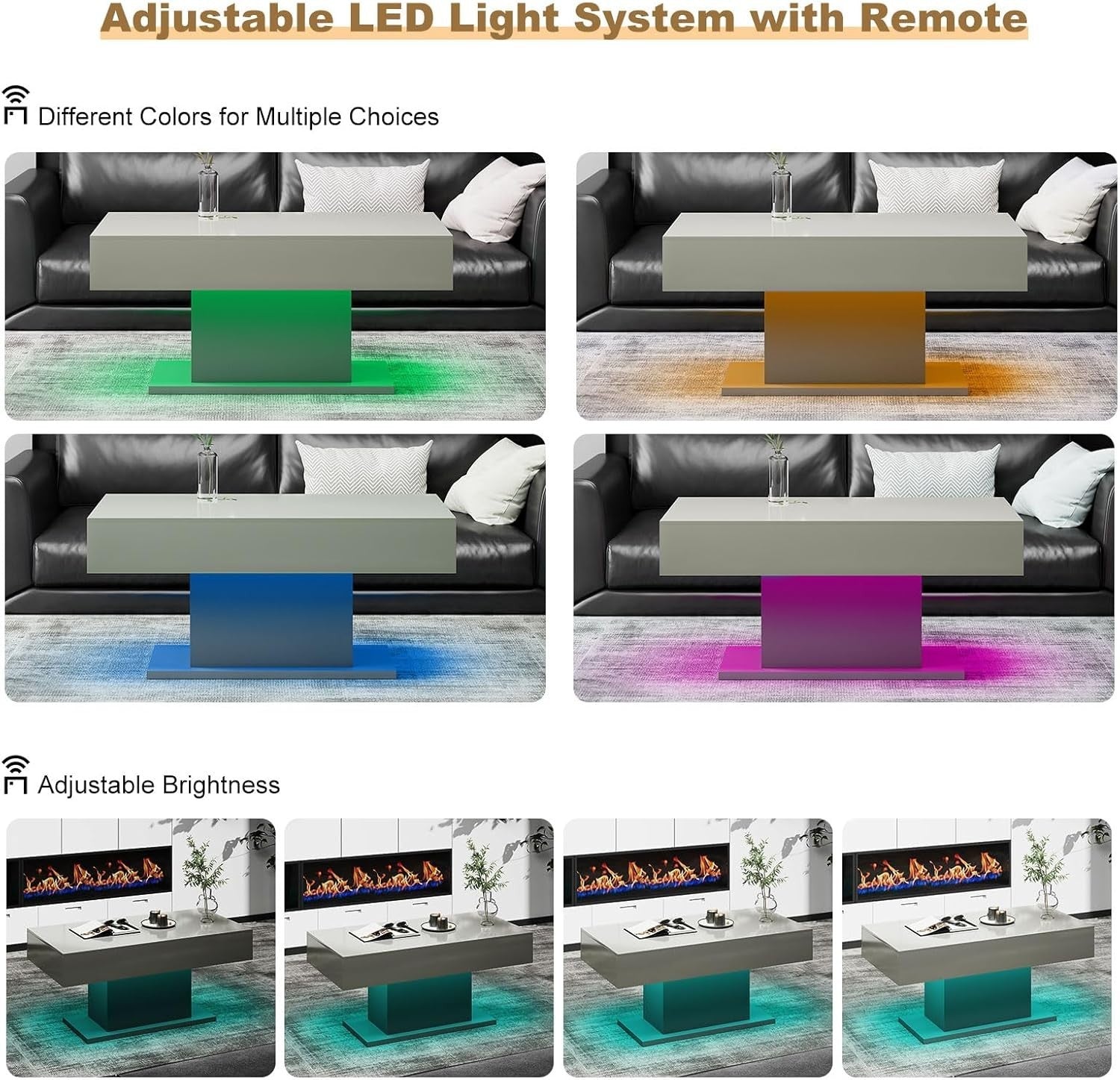 Modern Grey LED Coffee Table, High Gloss Rectangular 110x55cm