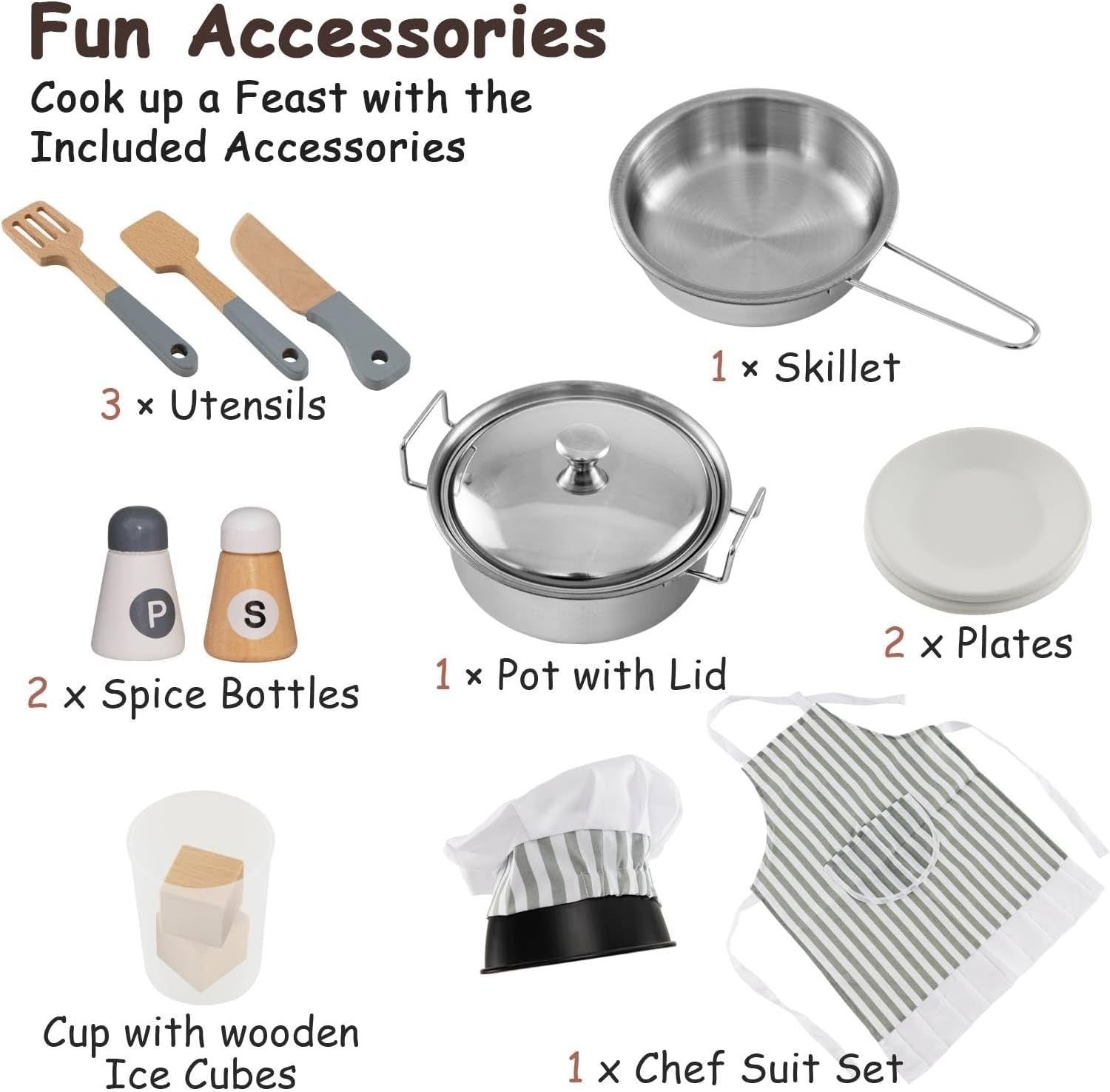 Kids Wooden Play Kitchen Light Sound Ice Dispenser Cooking Toy Brown