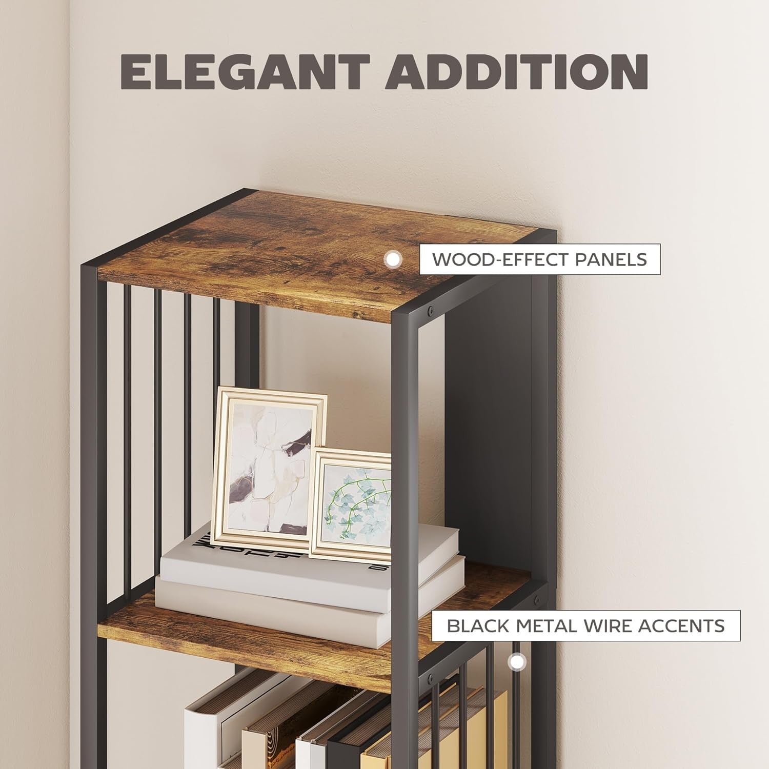 Tall 5-Tier Industrial Bookcase with Steel Frame & Open Shelves – Rustic Brown