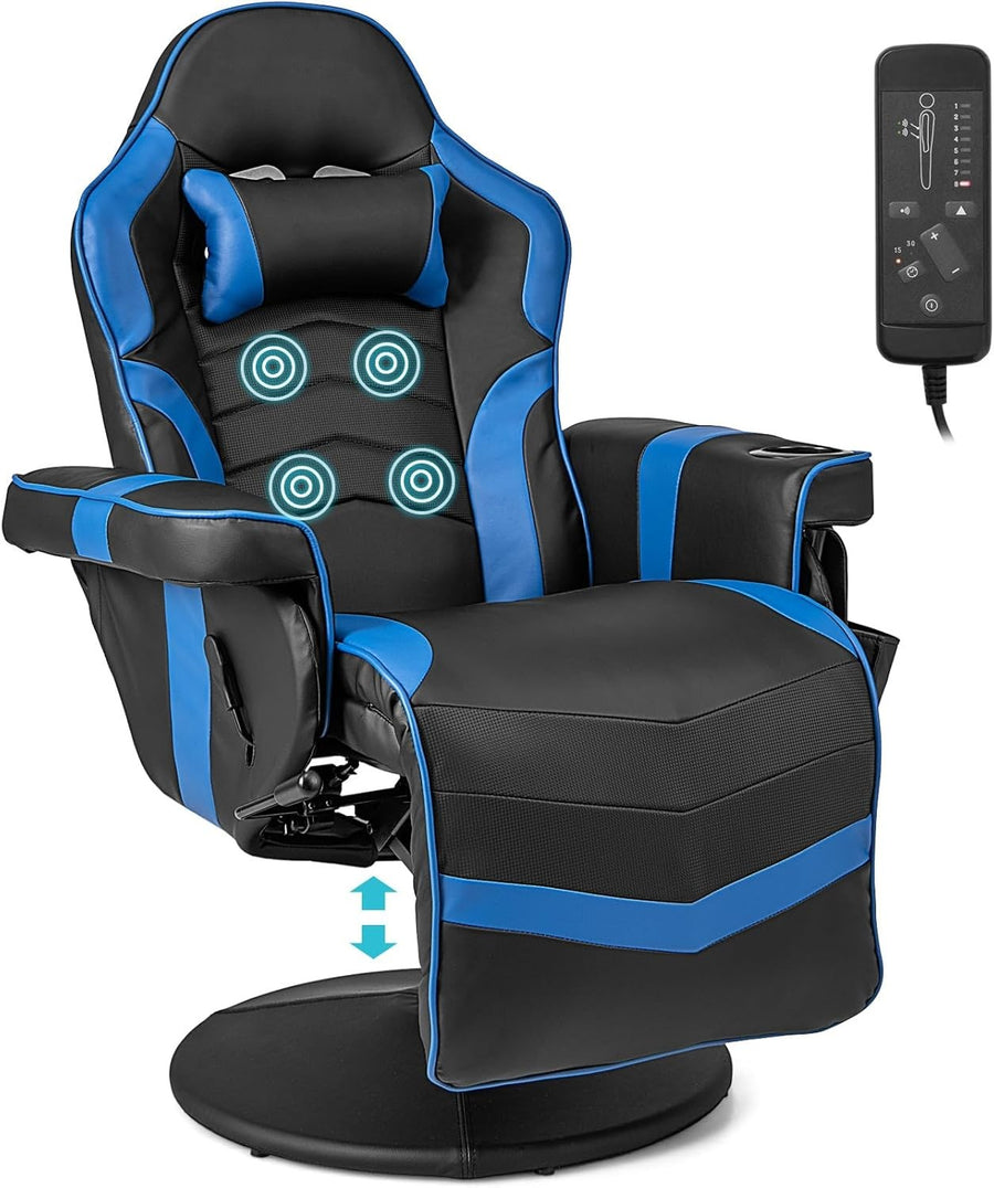 Massage Gaming Chair Recliner w/ Footrest Cup Holder Blue