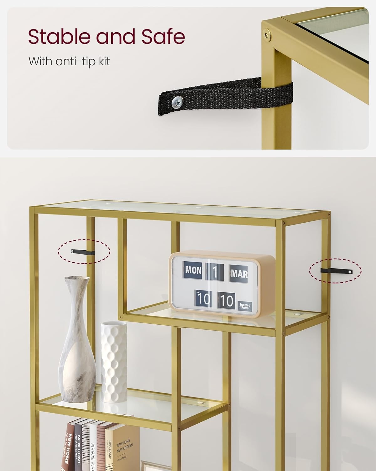 6-Tier Gold Glass Bookcase | Modern Display Shelf Unit for Living Room Office
