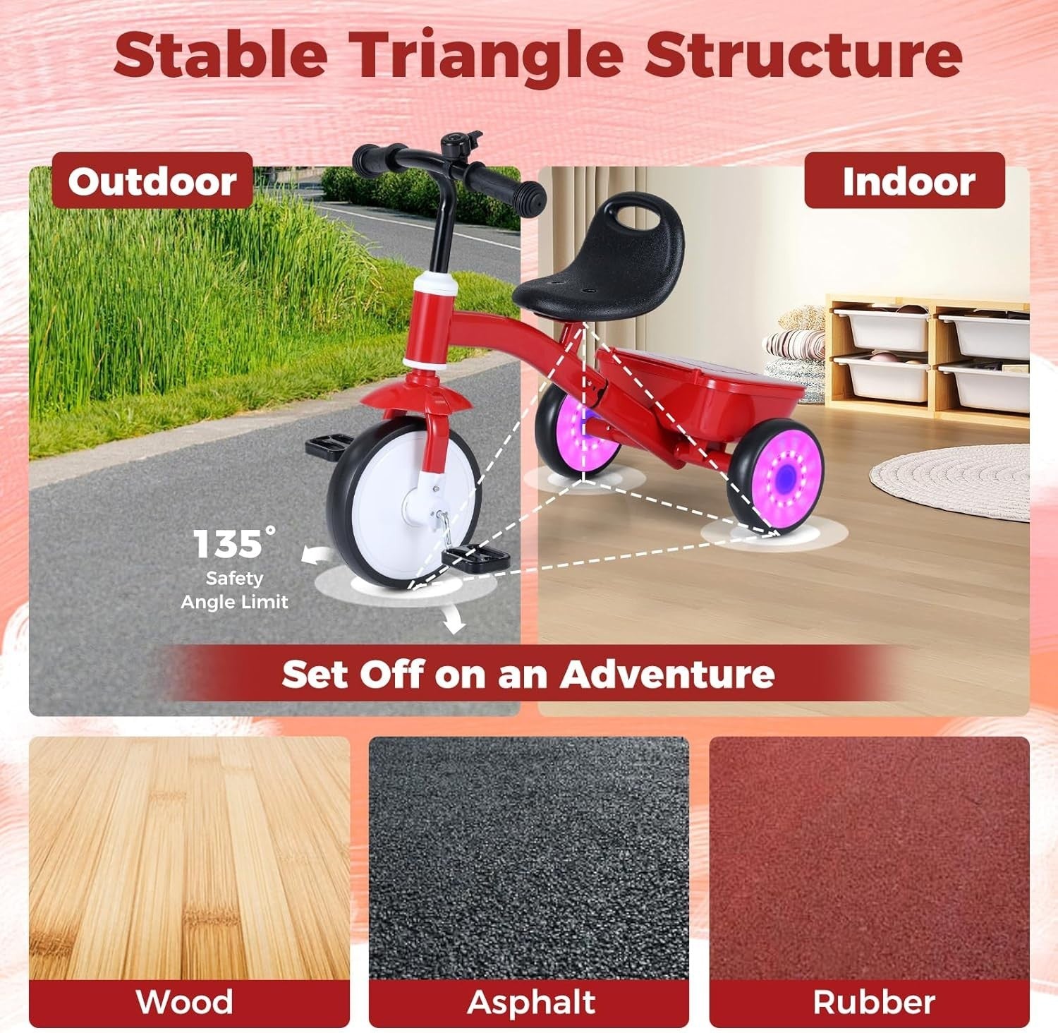 Kids Tricycle Light Up Wheels Adjustable Seat Balance Bike 3-5 Years