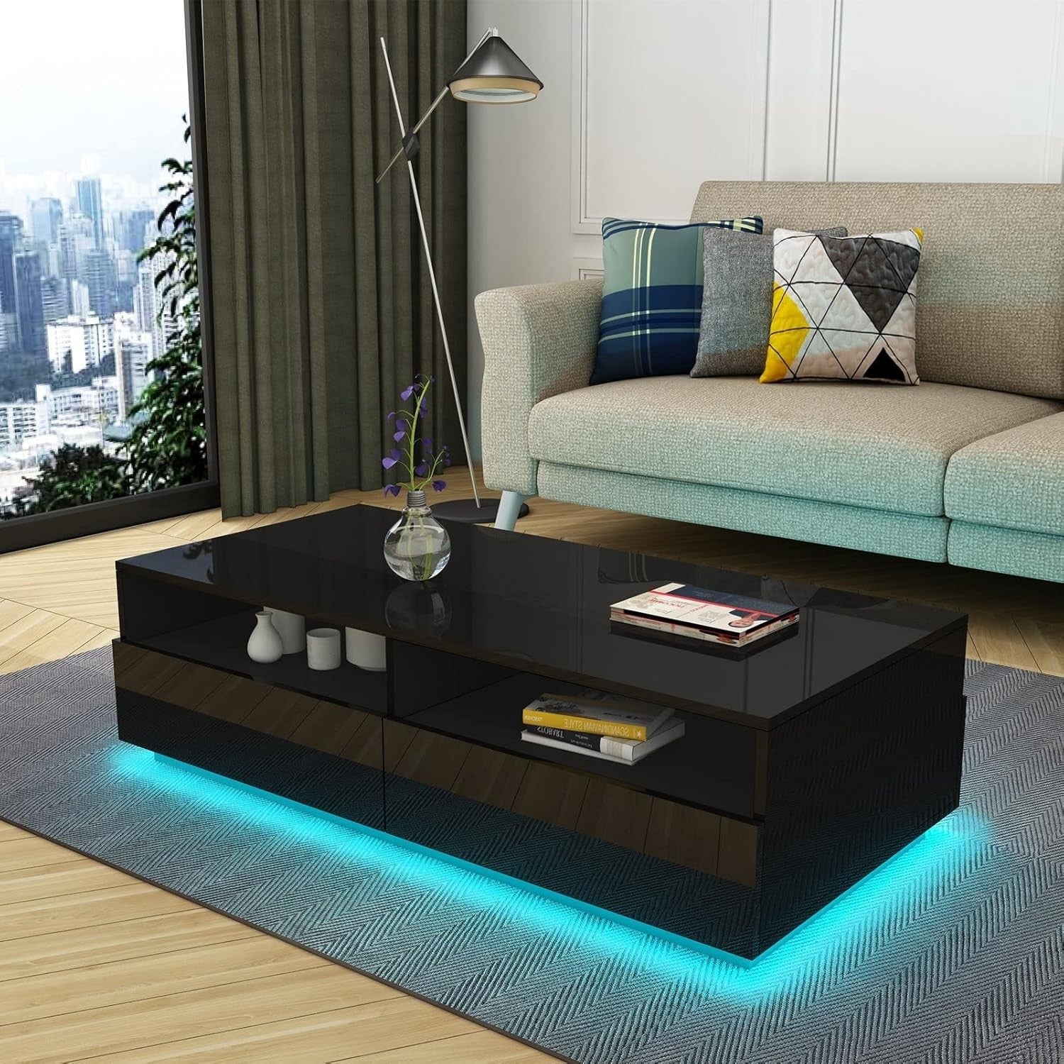 Modern Black Gloss Coffee Table with 4 Drawers & LED Light 85x55x35cm