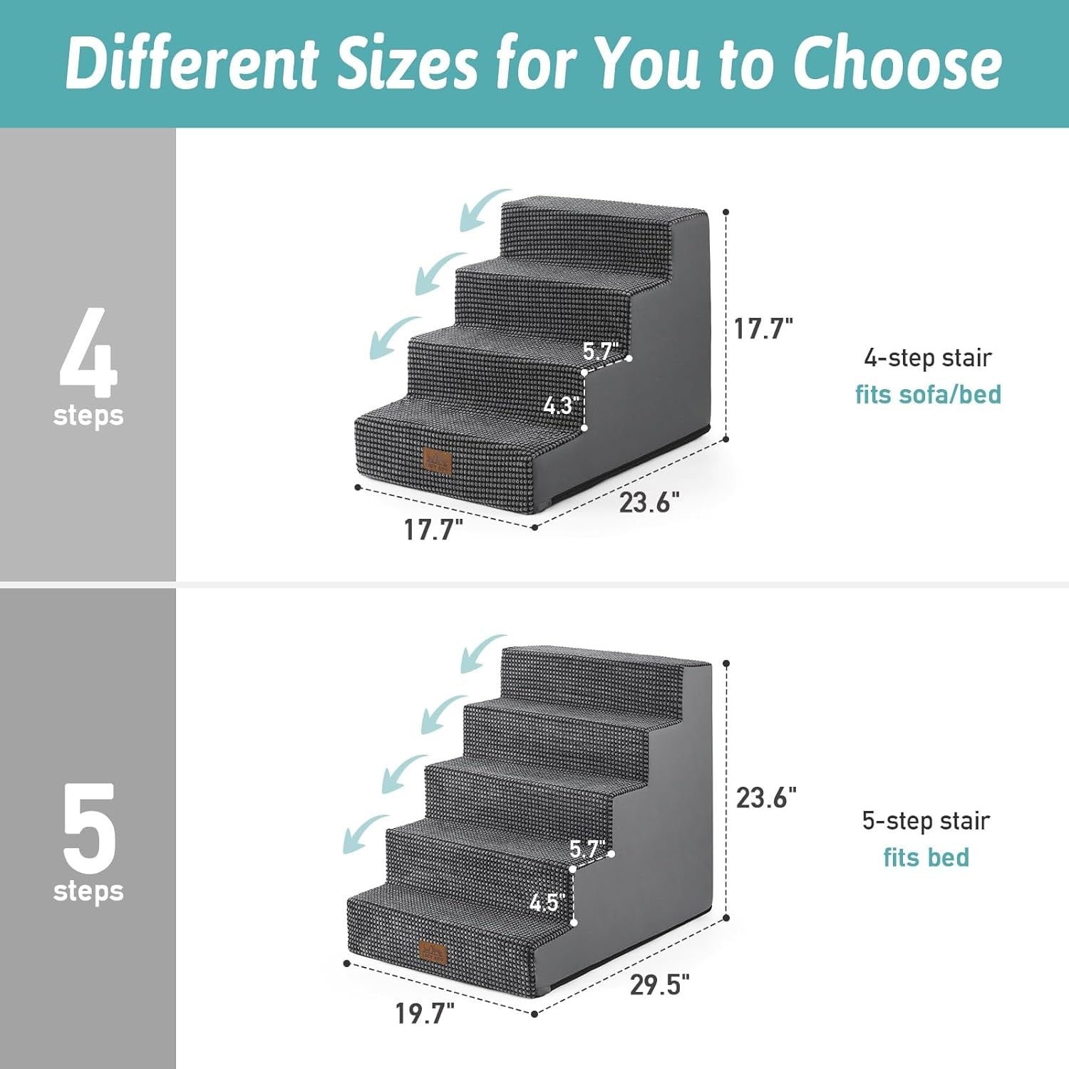 Wide Dog Stairs Non-Slip Pet Steps 4 Small Dogs Cats Puppy 75x50x60cm Dark Grey