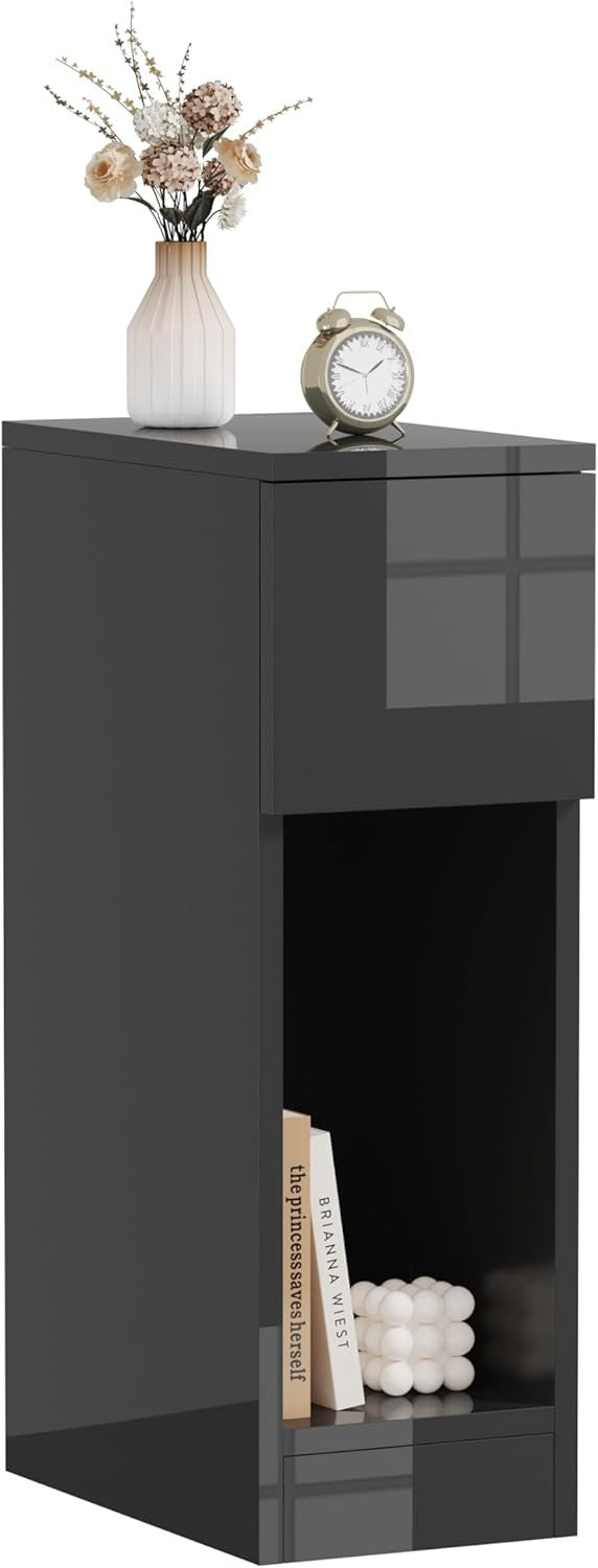 High Gloss Black Slim Bedside Table with Drawer & Shelf – Modern Narrow Nightsta