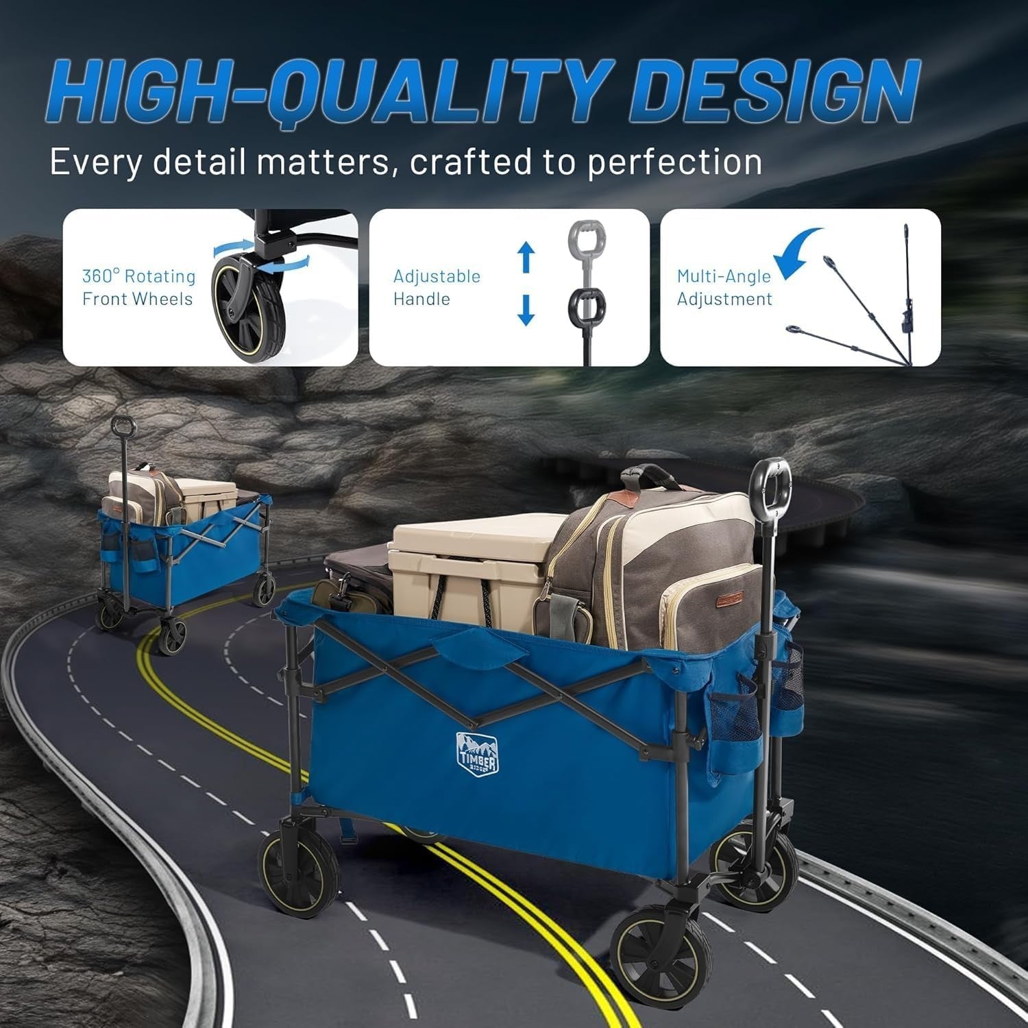 200L Folding Camping Wagon 100kg Heavy Duty Festival Trolley with Handle Blue