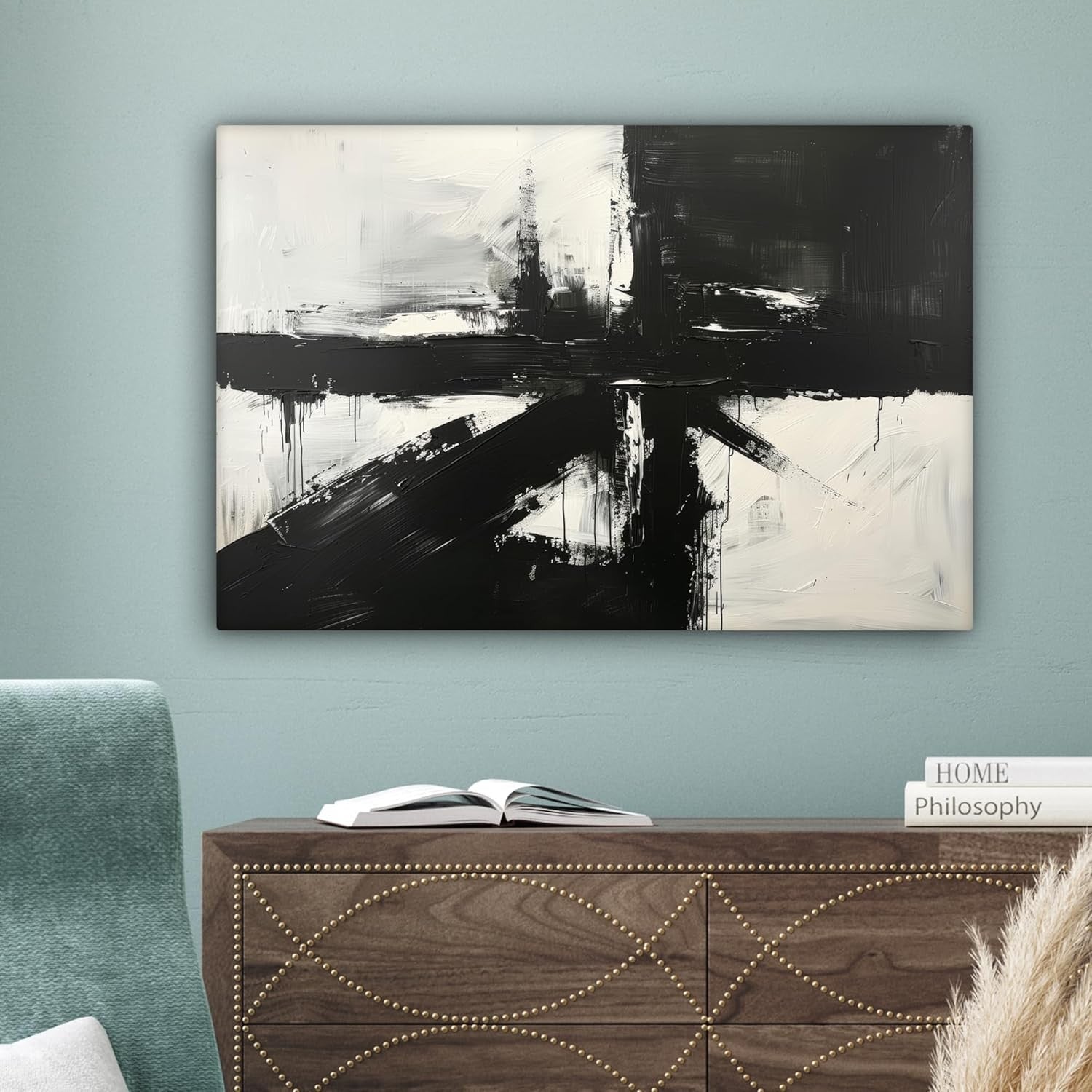 Abstract Black White Canvas Wall Art 60x40cm Framed Modern