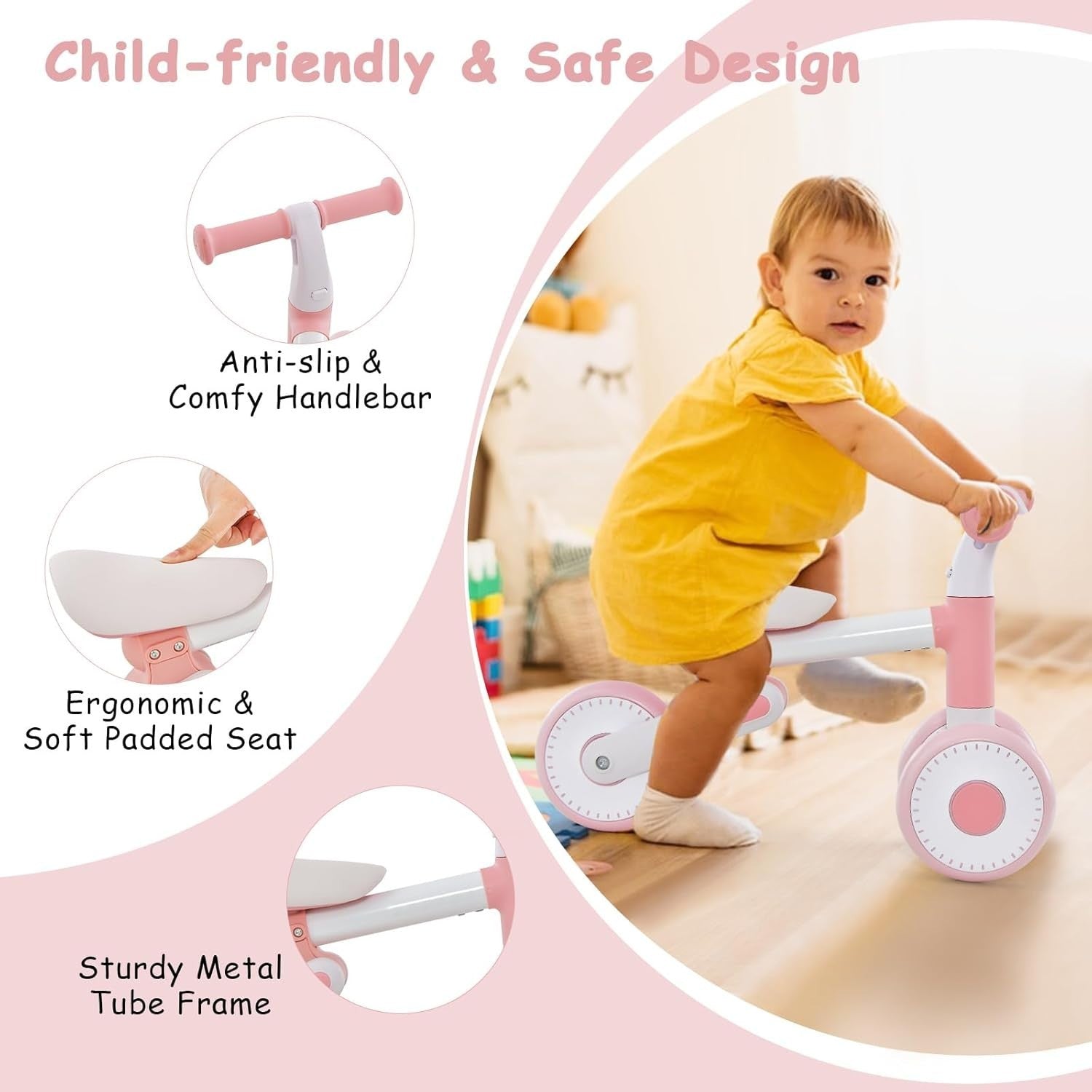 Baby Balance Bike Foldable Toddler Walker Adjustable Seat 1-3 Years Pink