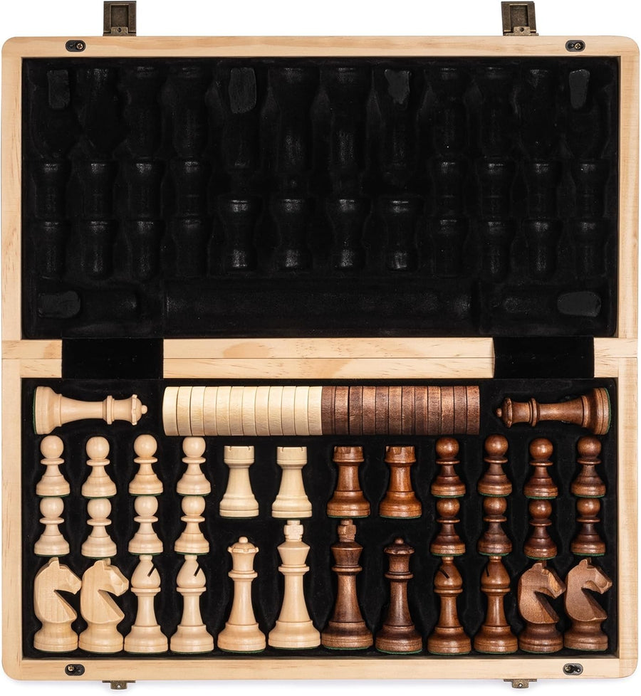 15" Wooden Folding Chess & Checkers Set w/ Weighted Pieces & Storage