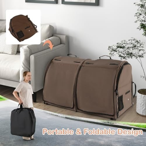 Foldable 2-in-1 Pet Carrier Brown Cat Dog Travel Crate with Hammocks & Litter Bo