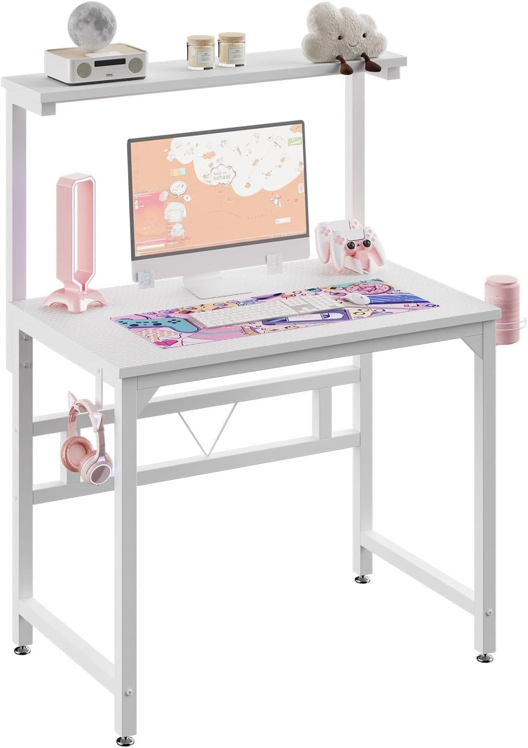 White 80cm Gaming Desk with Adjustable Monitor Stand & Cup Holder Office