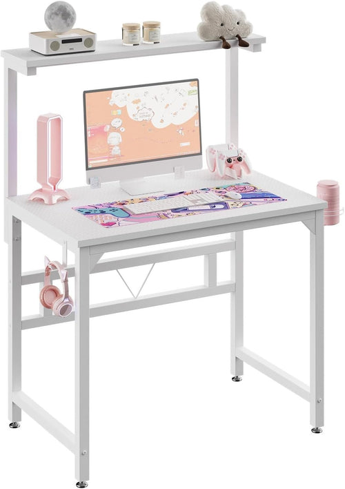 White 80cm Gaming Desk with Adjustable Monitor Stand & Cup Holder Office