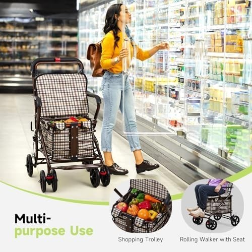 Walk & Rest Shopping Trolley with Seat 27L Foldable 4 Wheel Brakes