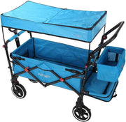 Blue Folding Stroller Wagon Kids Push Pull Cart w/ Canopy & Safety Harness