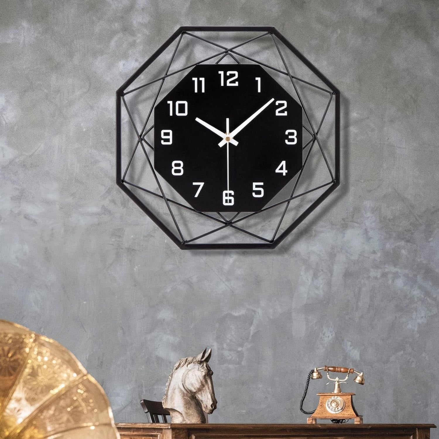 Large 40cm Modern Metal Wall Clock Silent Non-Ticking Black Geometric Decor