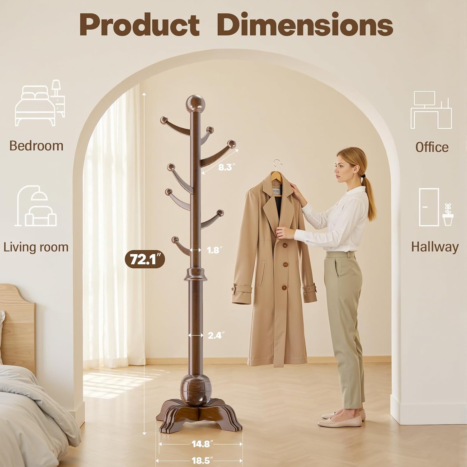 Wooden Coat Rack Stand Freestanding 7 Hooks Sphere Base Hall Tree Walnut