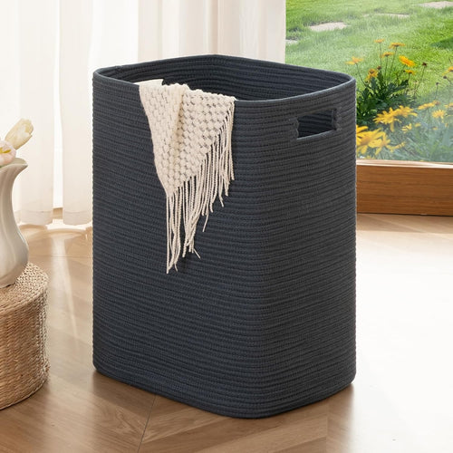 Large Woven Laundry Basket with Handles 16x13x22in Cotton Storage Hamper Blue