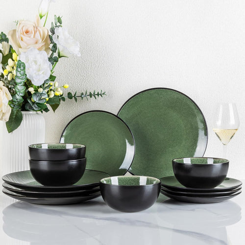12 Piece Stoneware Dinner Set Plates Bowls Resistant Dishwasher Safe