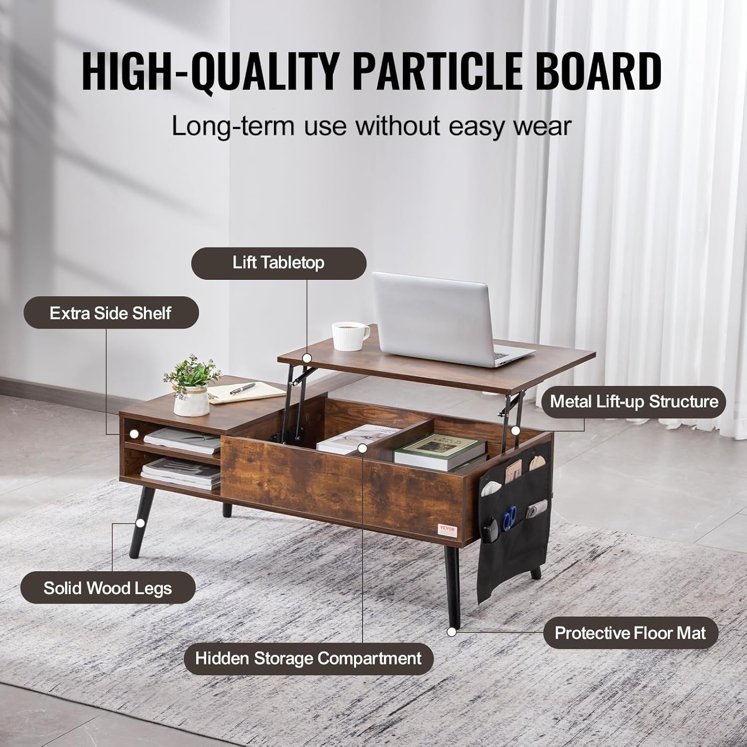 Lift Top Coffee Table with Storage, Pop Up Table 100cm for Small Spaces