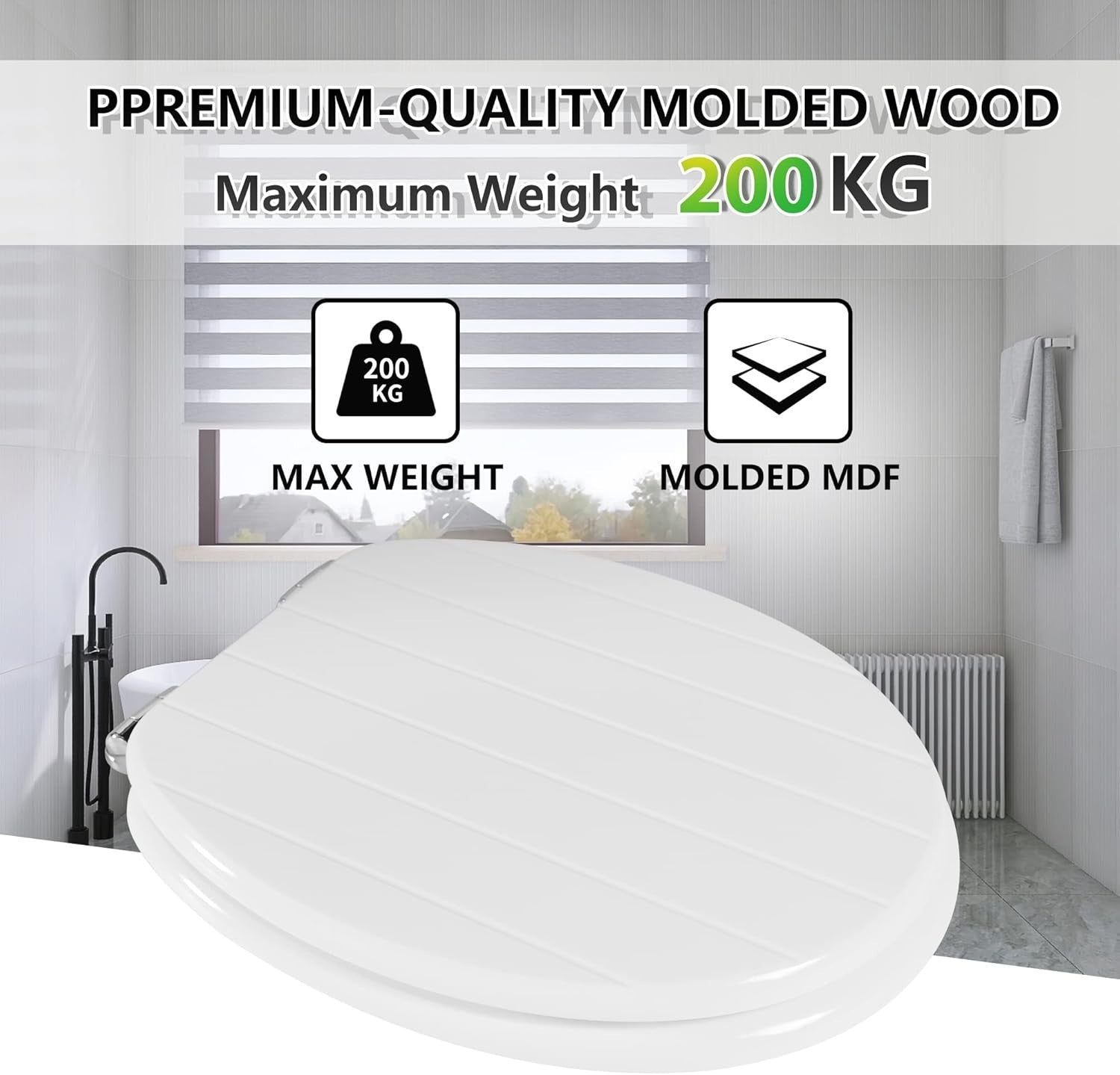 White Wooden Toilet Seat Soft Close Quick Release Antibacterial Oval