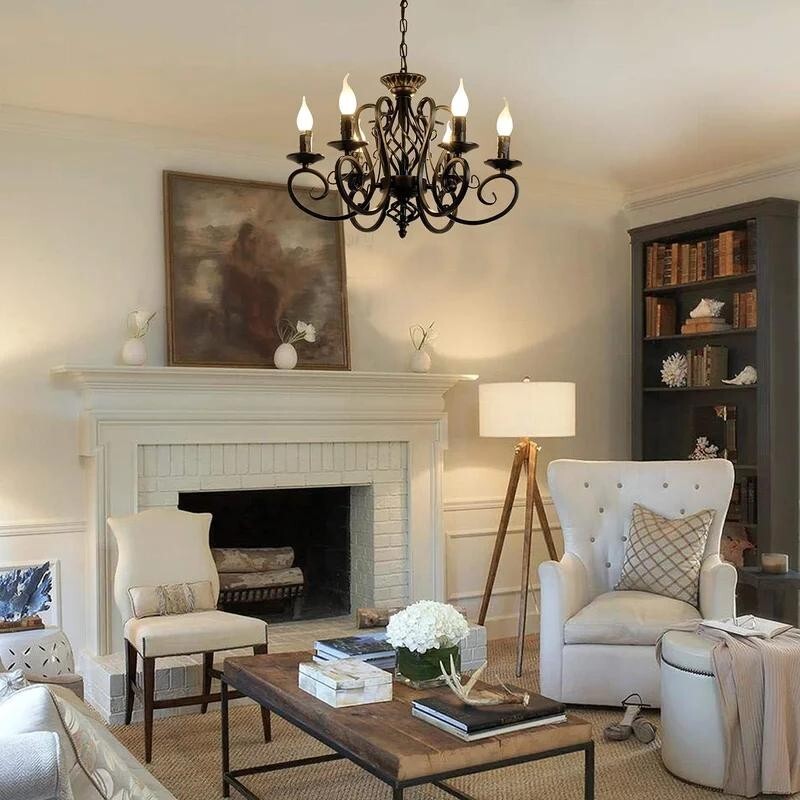 6-Light Black Candle Chandelier E14 Vintage Pendant Rustic Iron Ceiling Light