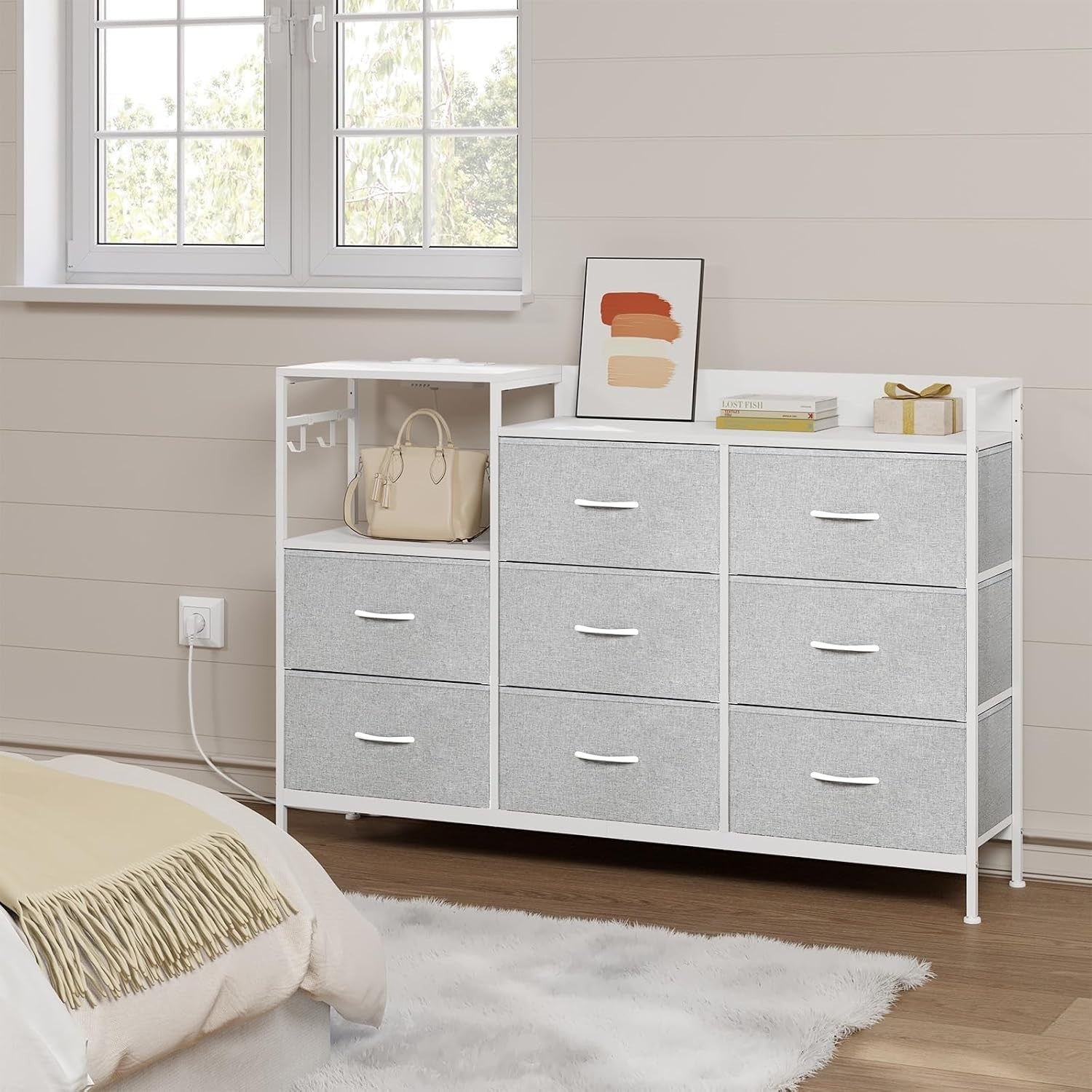 Fabric Storage 8 Chest Drawer  with USB Charging Ports Light Grey White Unit