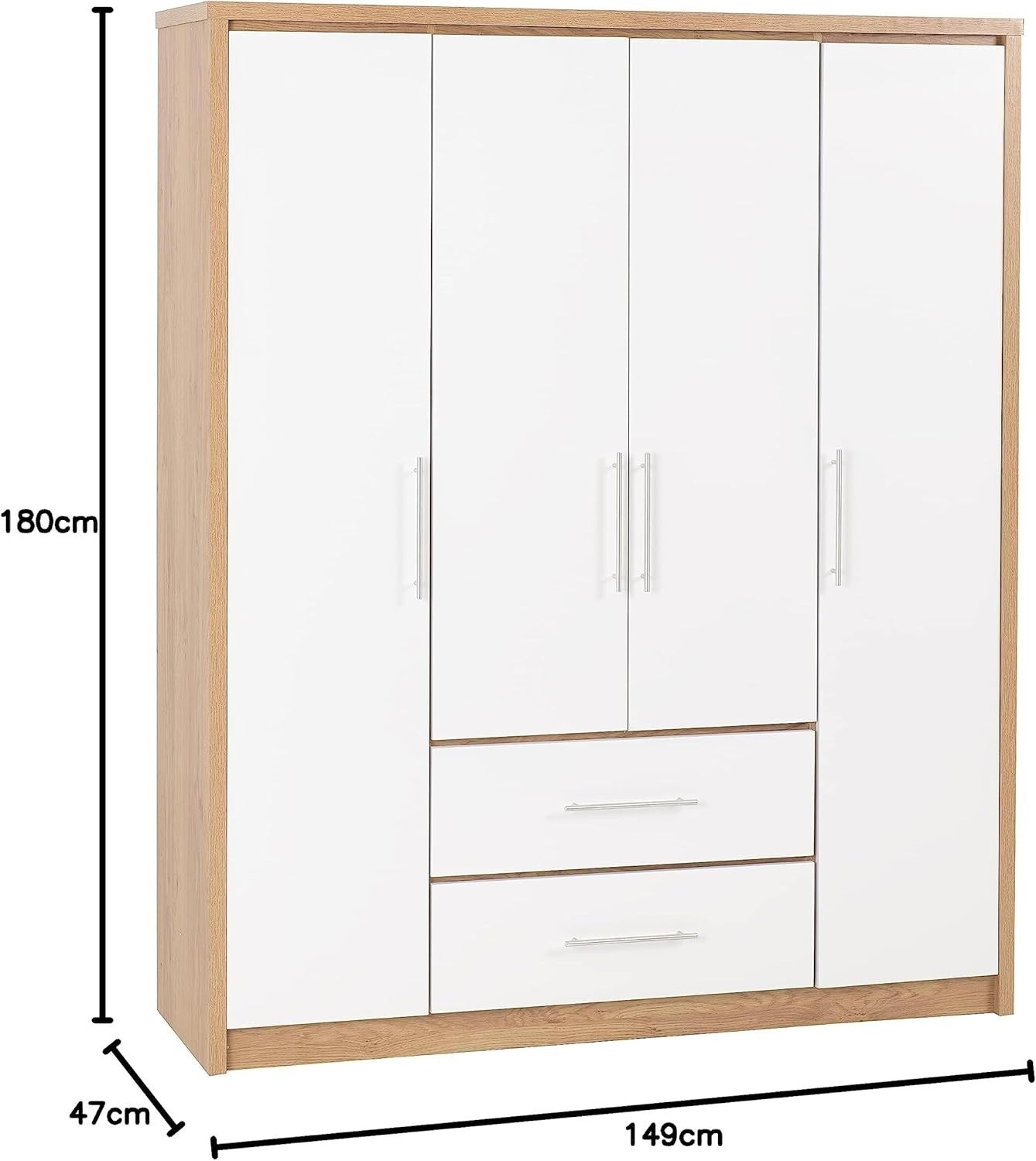 White Gloss 4 Door Wardrobe with 2 Drawers Oak Effect – Spacious & Lockable