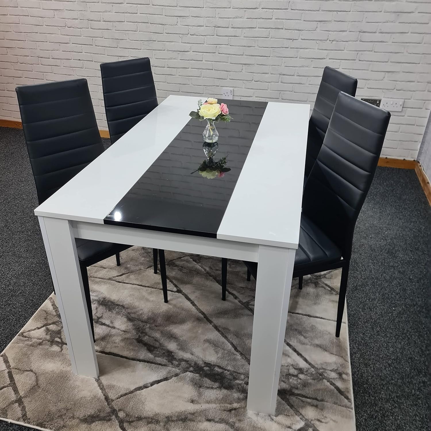 Modern White & Black Dining Table Set 4 Faux Leather Chairs Glossy Finish