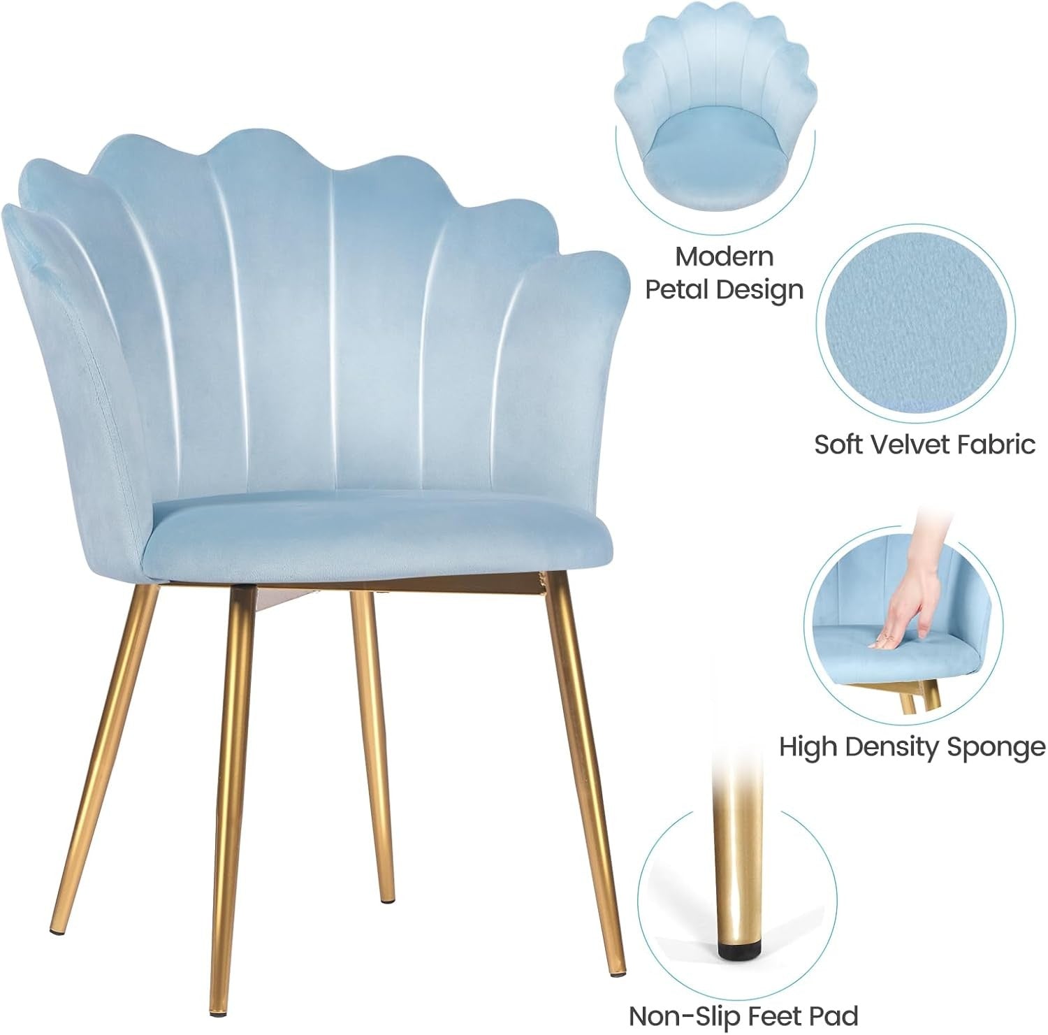 Velvet Vanity Chair Shell Back Gold Metal Legs Light Blue