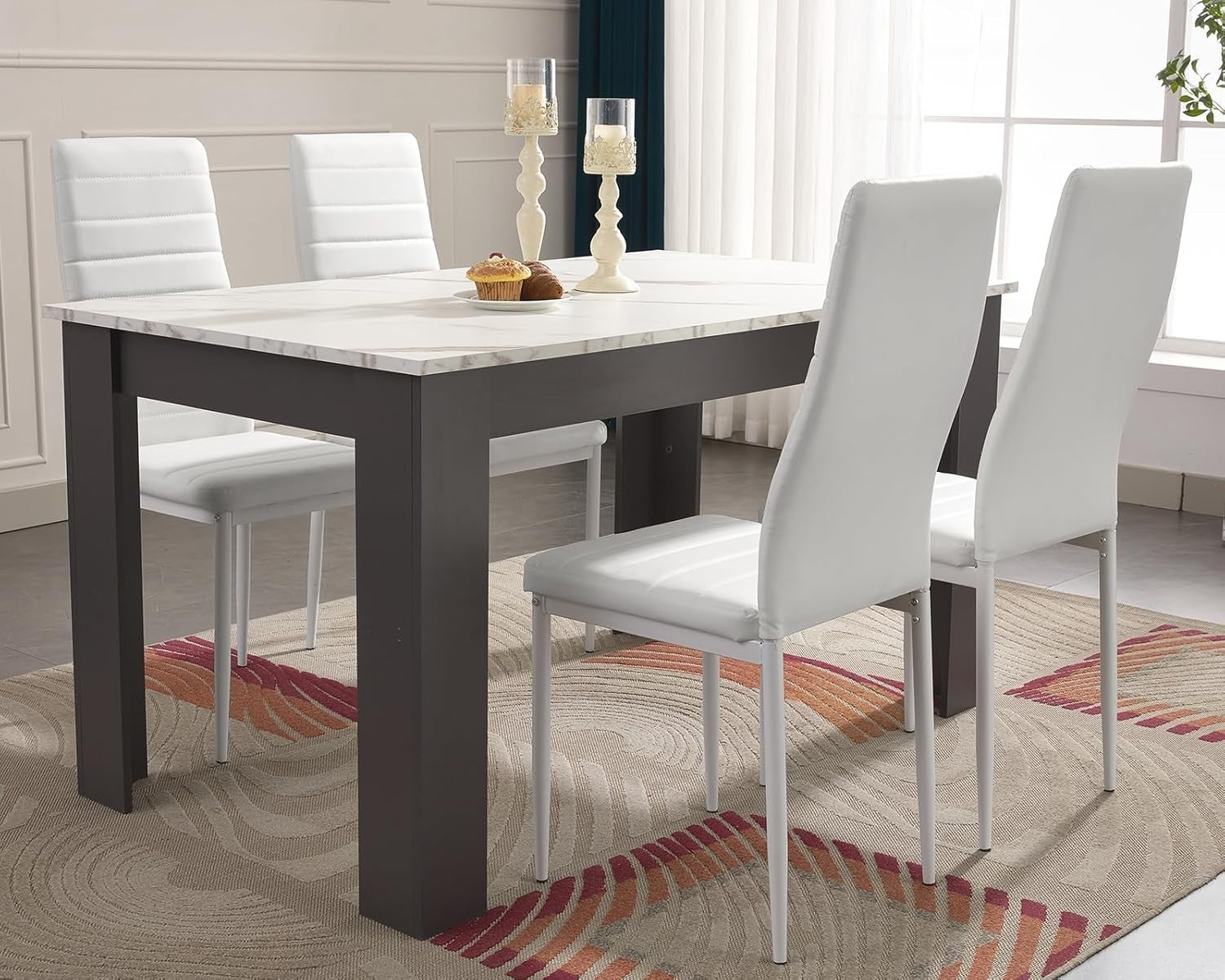 Modern White Marble Dining Table Set with 4 PU Leather Chairs - 120x80x75cm