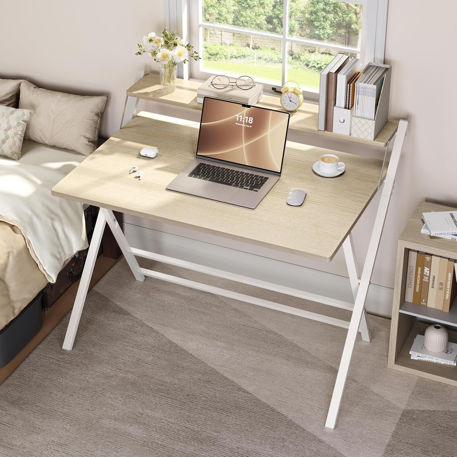 Foldable Computer Desk Large 100cm with Monitor Stand Small Space Wood
