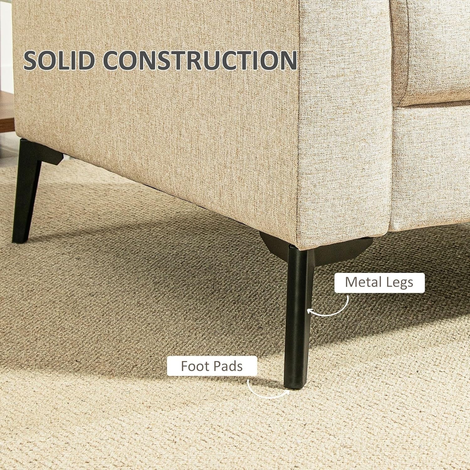 Modern 3 Seater Sofa Bed Beige Linen Storage Metal Legs Compact Lounge