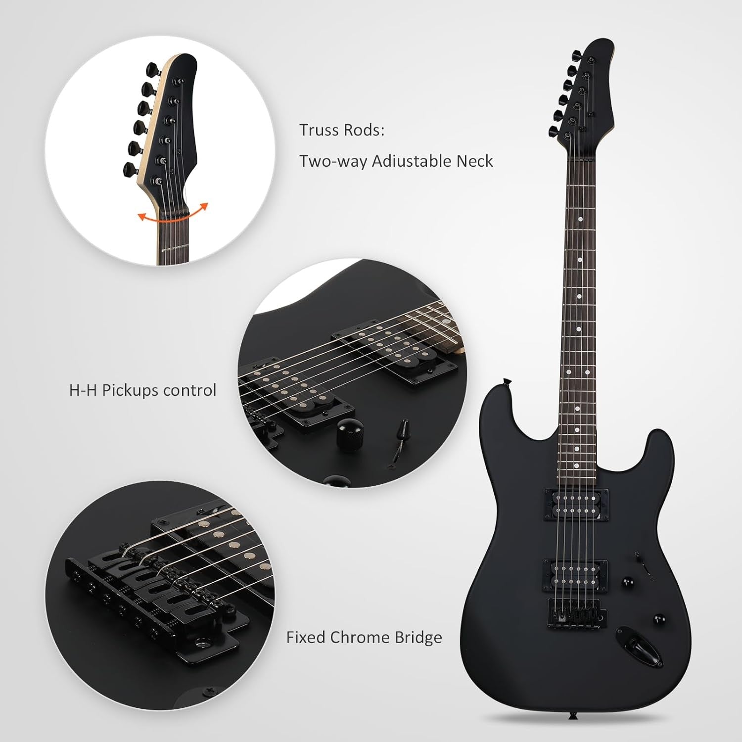 39" Electric Guitar H-H Pickups Beginner Starter Kit Bag Cable Black