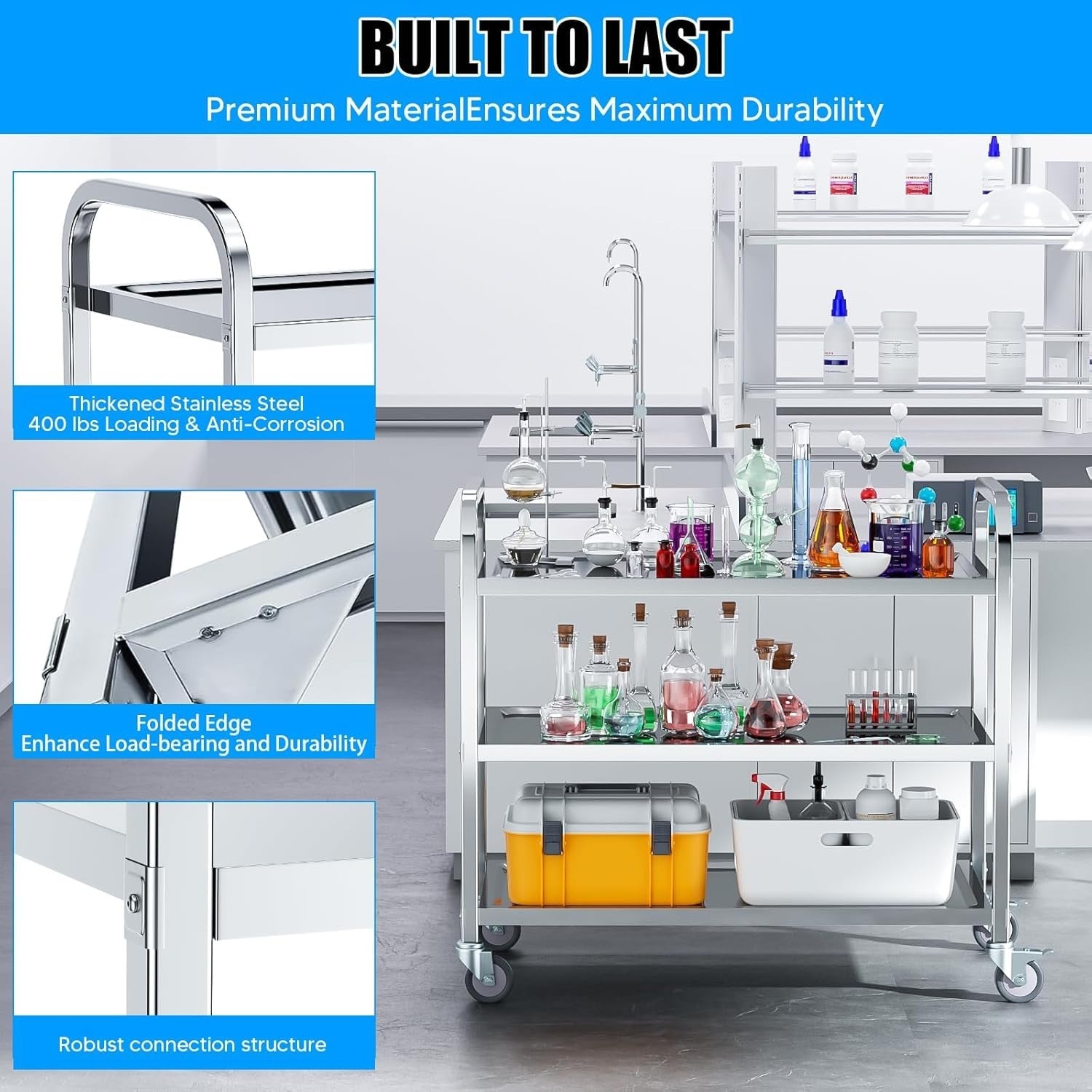 3 Tier Stainless Steel Kitchen Trolley Rolling Utility Cart Wheels
