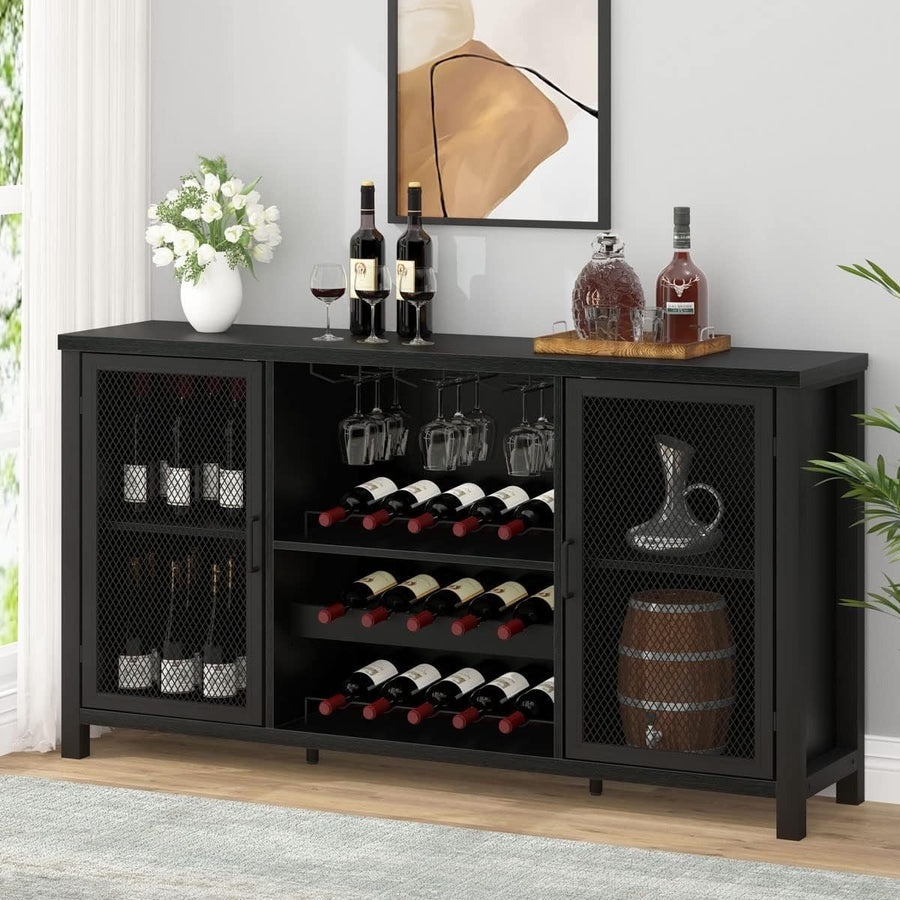 Black Oak Wine Bar Cabinet Sideboard with Wine Rack & Glass Storage 140cm