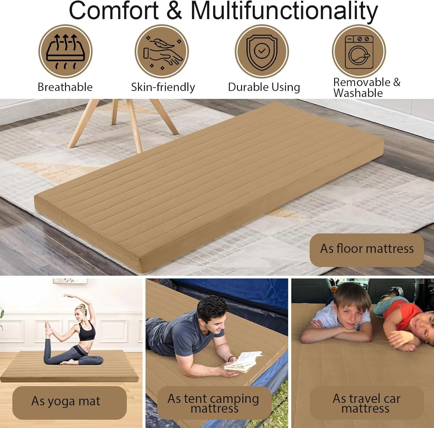 Double Floor Mattress Roll Up Futon Foam Bed Travel Guest Mat Brown