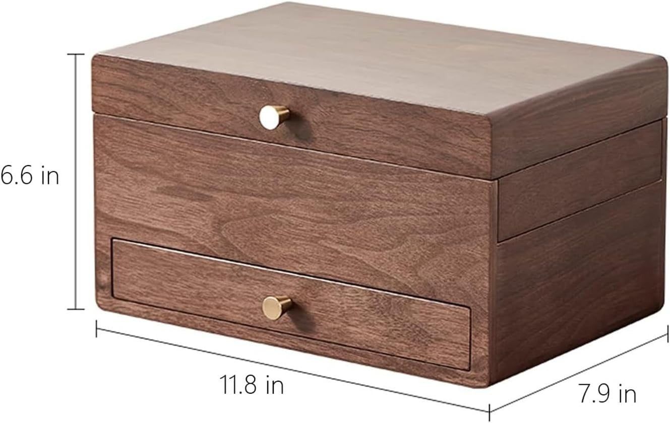 Walnut Jewelry Box with Mirror 3 Layer Organizer Brass Handle Storage