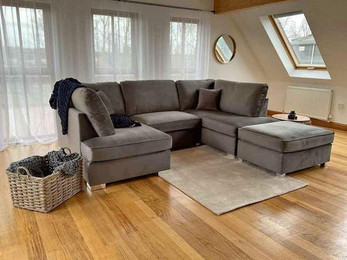 4PC U Shape Sofa with Footstool – Steel Grey Plush – 5/6 Seater Modular.
