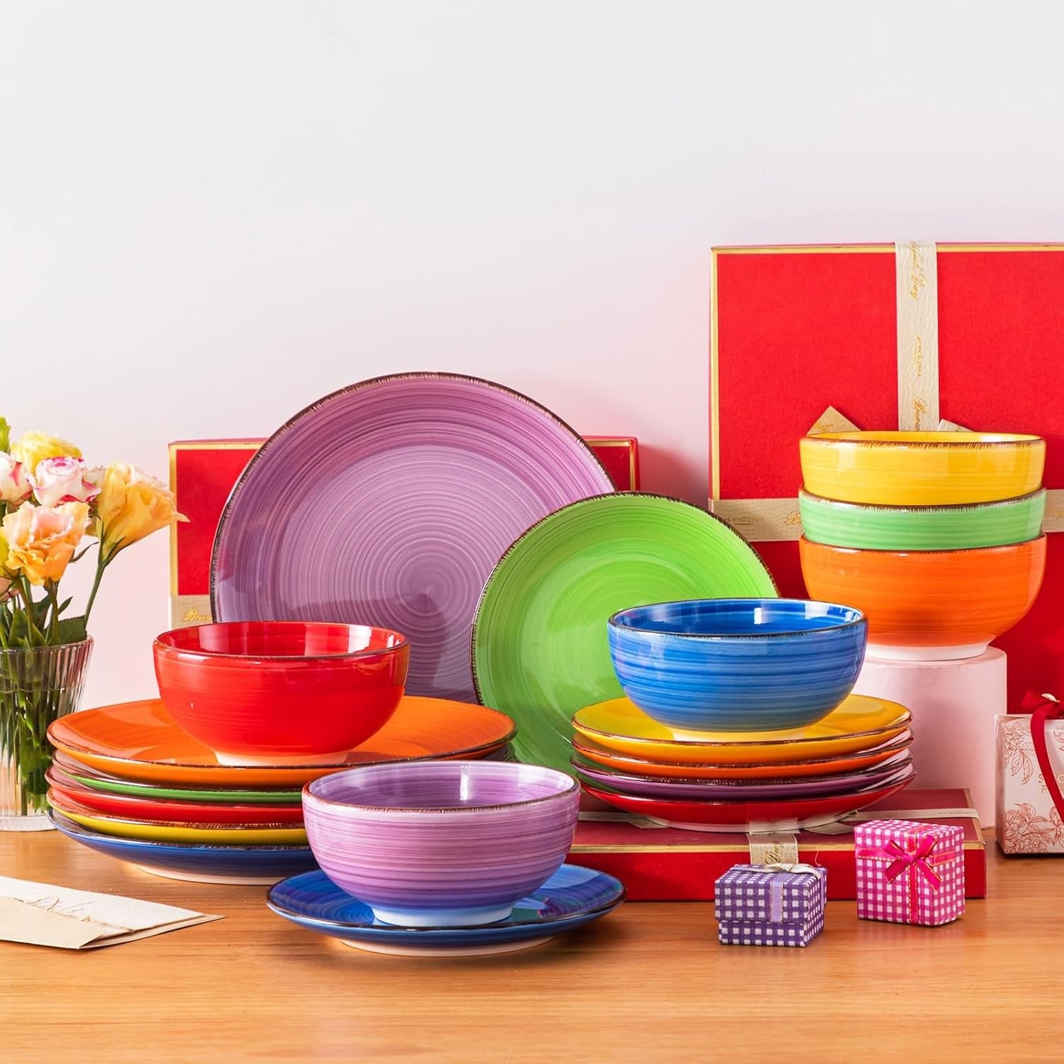 18pc Stoneware Dinner Set for 6 Multicolour Plates Bowls Hand Painted