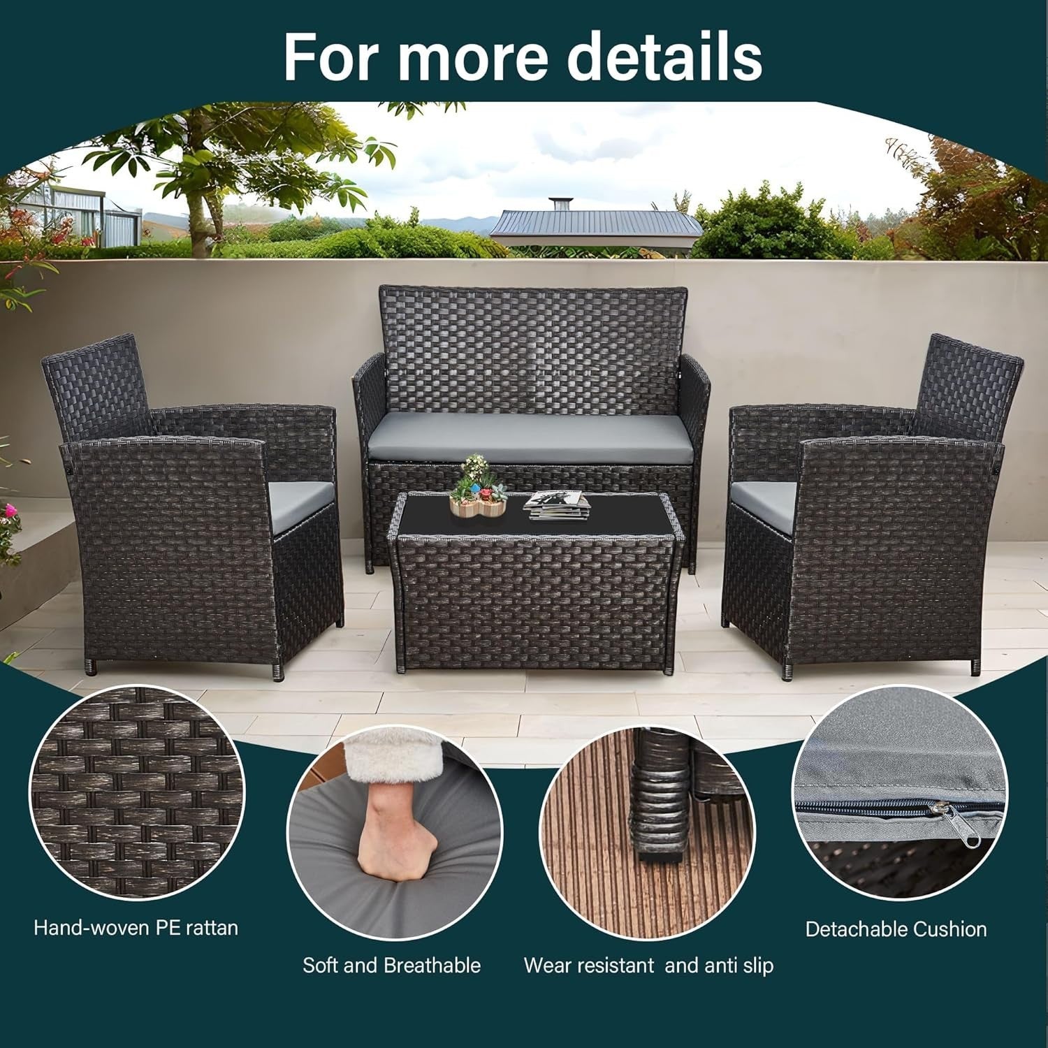 4-Seater Rattan Garden Patio Set | Outdoor PE Wicker Chairs & Glass Table