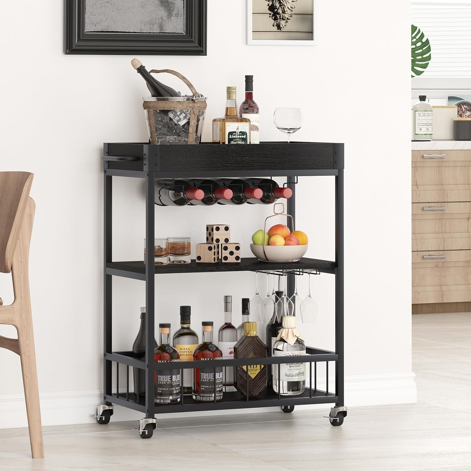 3 Tier Rolling Bar Cart with Wine Rack & Glass Holder Serving Trolley on Wheels