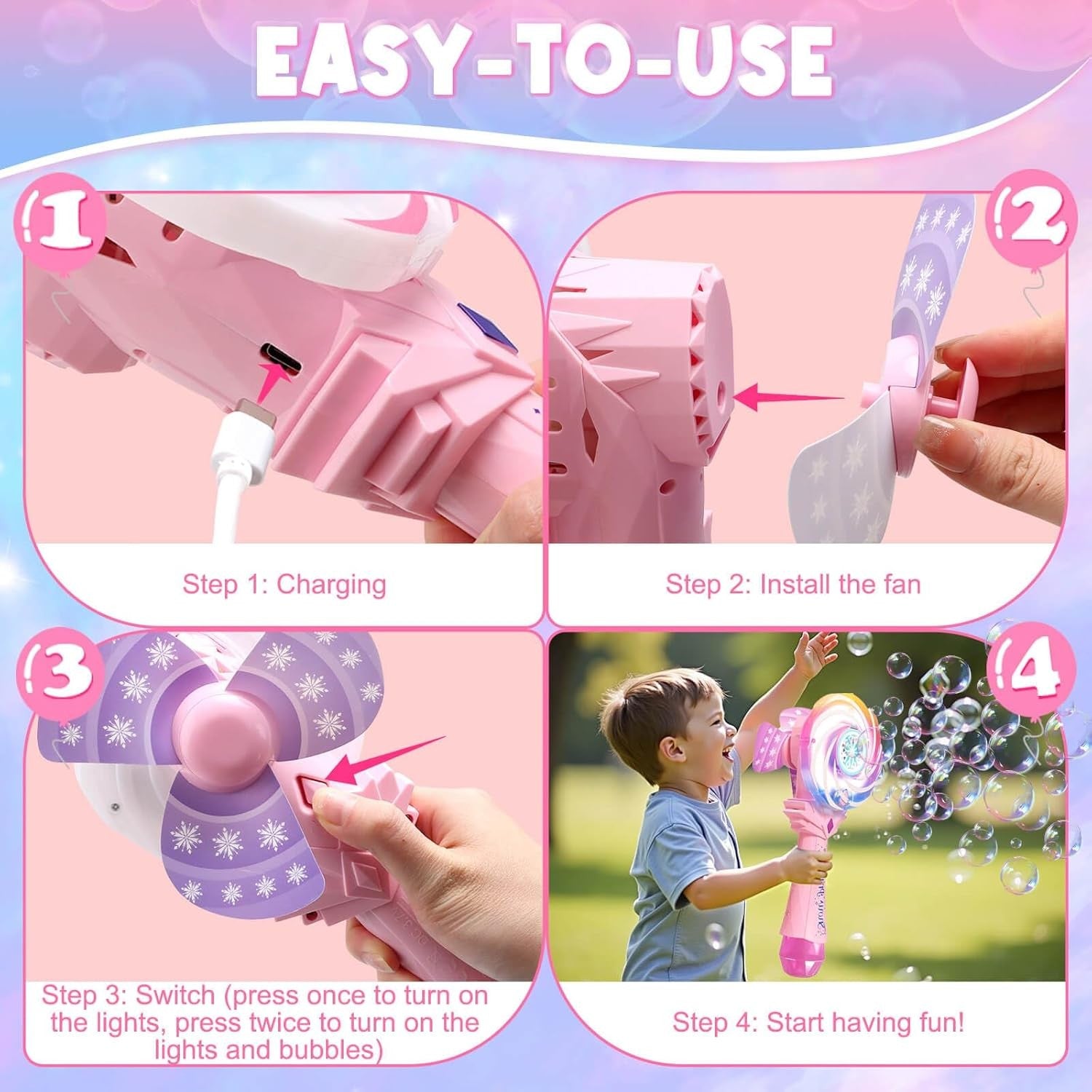 Pink Bubble Wand Toy for Girls LED Windmill Bubble Machine