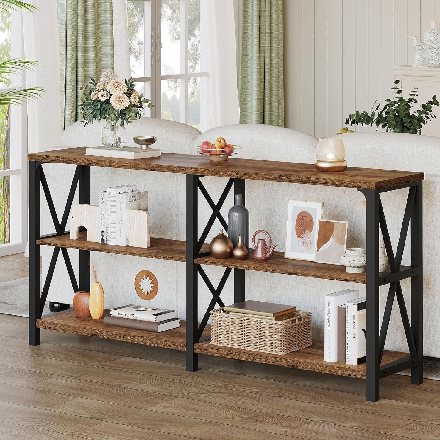 Rustic Wood Console Table Sofa Entryway Desk w/ Shelves 63" Storage